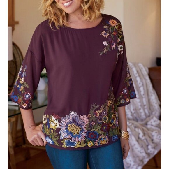 Soft surroundings Moonbeam Embroidered Beaded Burgundy Blouse Women's Sz M Boho - Picture 1 of 13